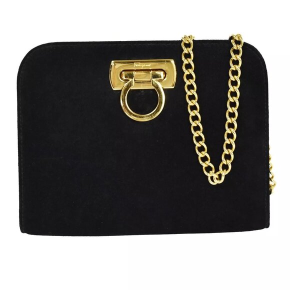 SALVATORE FERRAGAMO 2Way Chain Gancini Shoulder Bum Bag Suede Leather BK 65RC966